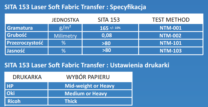 Tabela wgrzewania - papier termotransferowy SITA 153