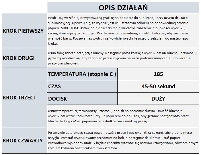 procedura wgrzewania - blacha do sublimacji